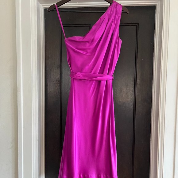 Silk One Shoulder Dress - Magenta - Picture 1 of 5